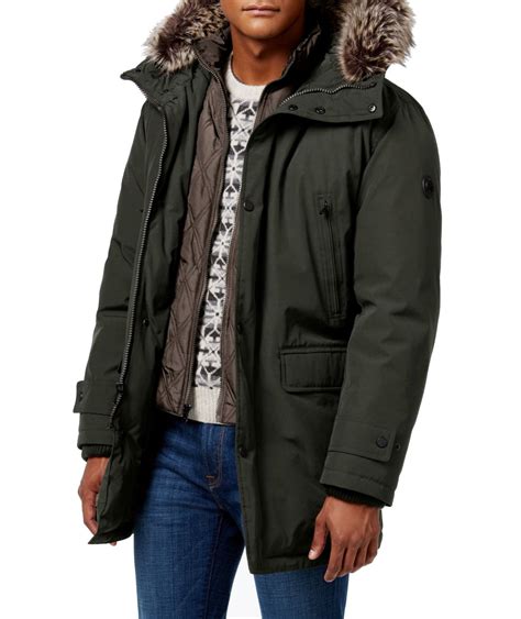 mens michael kors long hooded parka with faux fur trim|Faux Fur.